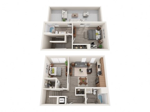 A top and bottom view of a small apartment with a kitchen, living room, and bedroom.